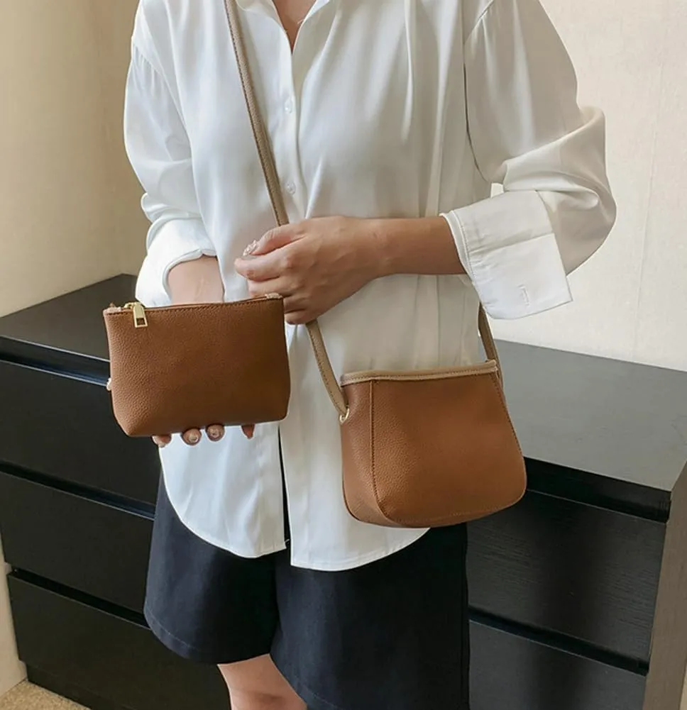 2PCS Bucket Bags Women 2025 Trendy Leather Shoulder Crossbody Bag Satchel Tote Handbags Casual Phone Purse