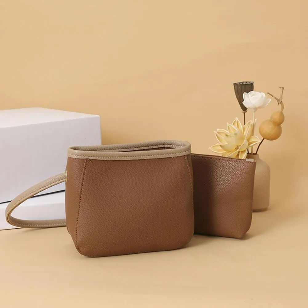 2PCS Bucket Bags Women 2025 Trendy Leather Shoulder Crossbody Bag Satchel Tote Handbags Casual Phone Purse