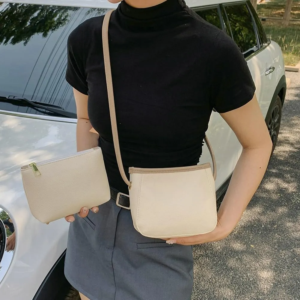 2PCS Bucket Bags Women 2025 Trendy Leather Shoulder Crossbody Bag Satchel Tote Handbags Casual Phone Purse