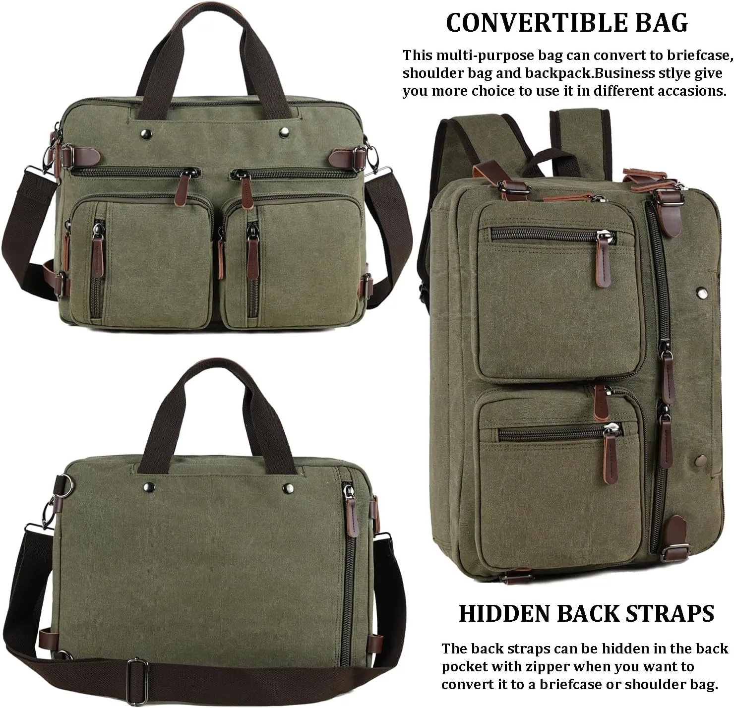 3 in 1 Convertible Laptop Backpack, 17.3 inch Messenger Bag for Men, Work Briefcase Travel Computer Bag for Men Women (Green, 17.3 Inch)