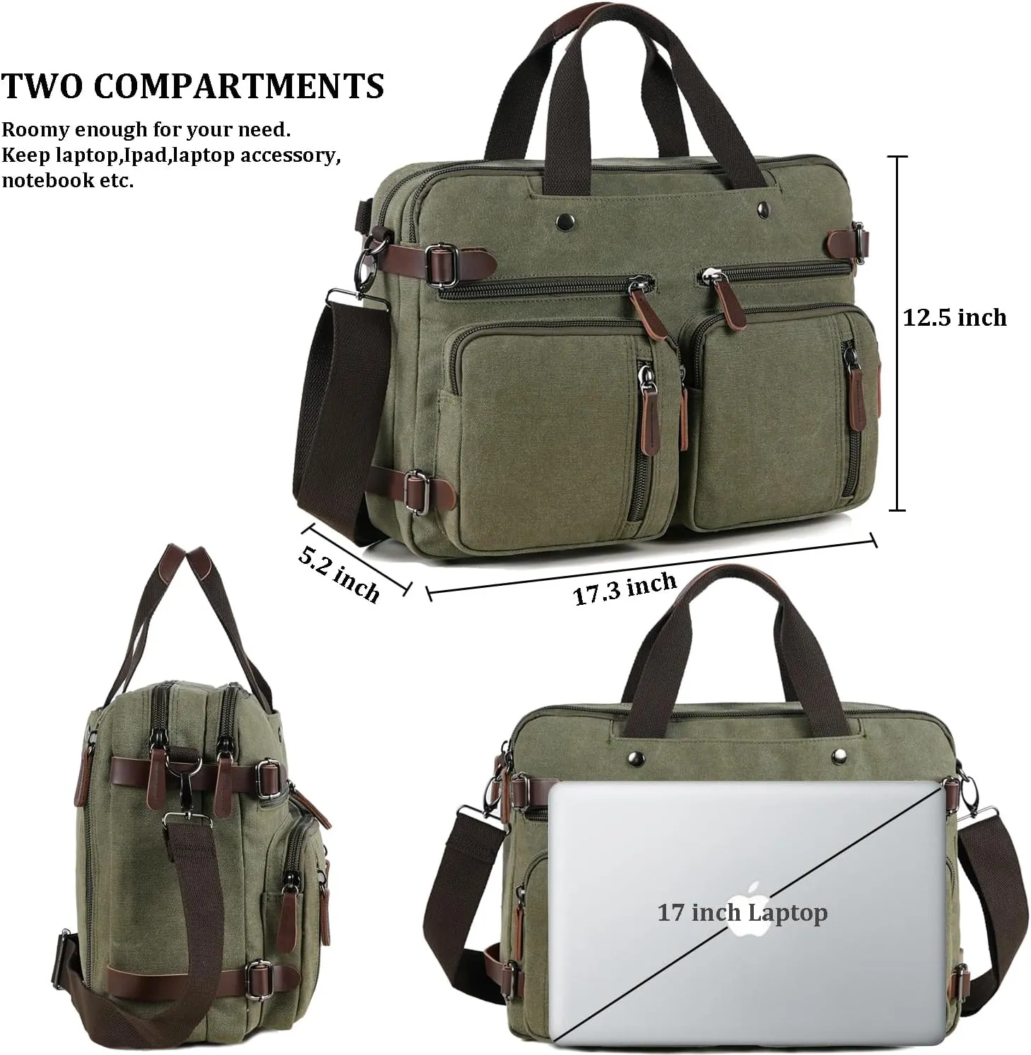 3 in 1 Convertible Laptop Backpack, 17.3 inch Messenger Bag for Men, Work Briefcase Travel Computer Bag for Men Women (Green, 17.3 Inch)
