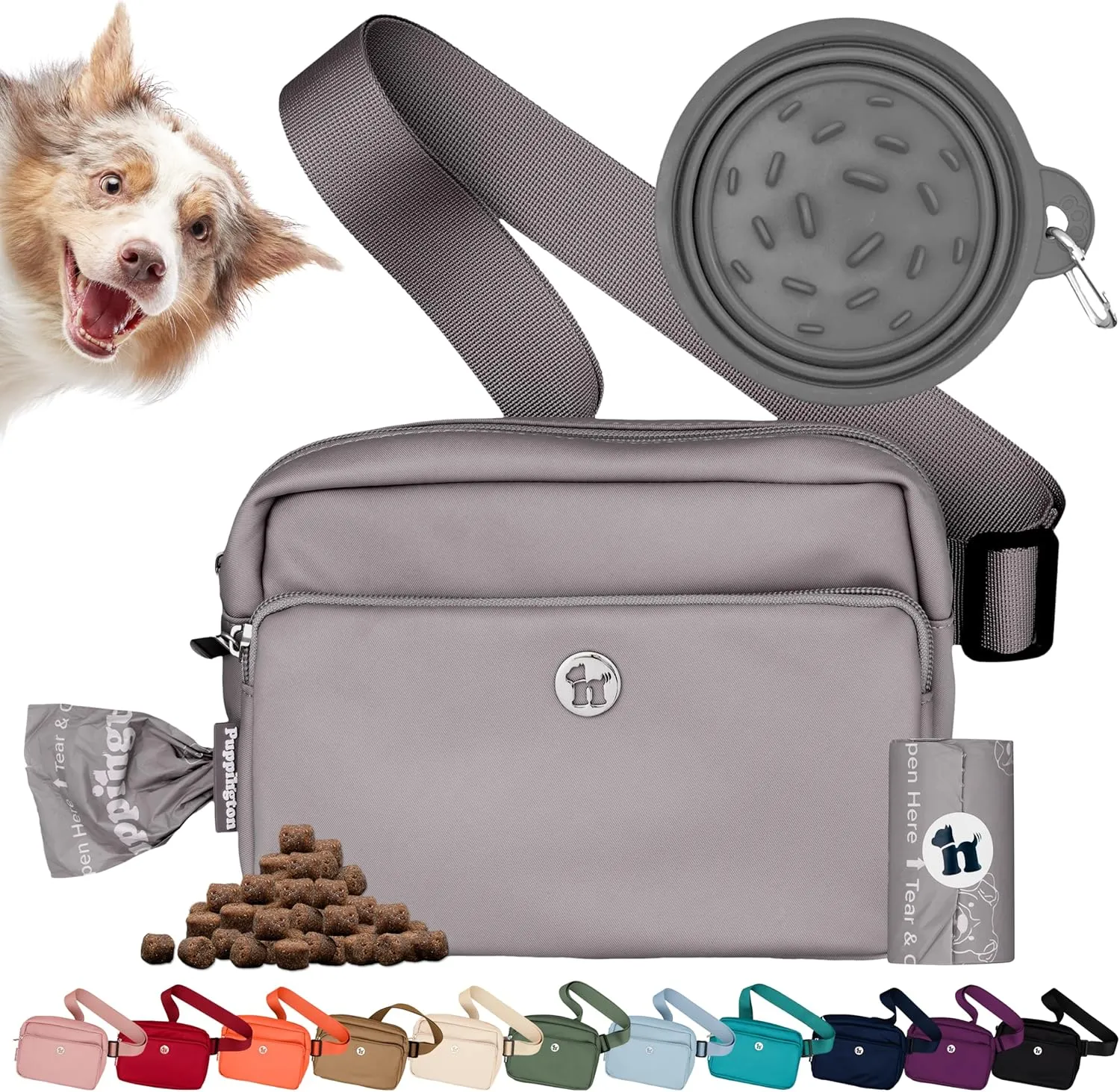 3-in-1 Crossbody & Dog Treat Pouch for Pet Training - Matching Compostable Poop Bags, Built-In Poop Bag Dispenser & Slow-Feeding Travel Dog Bowl - Dog Walking Bag (Charcoal Gray)
