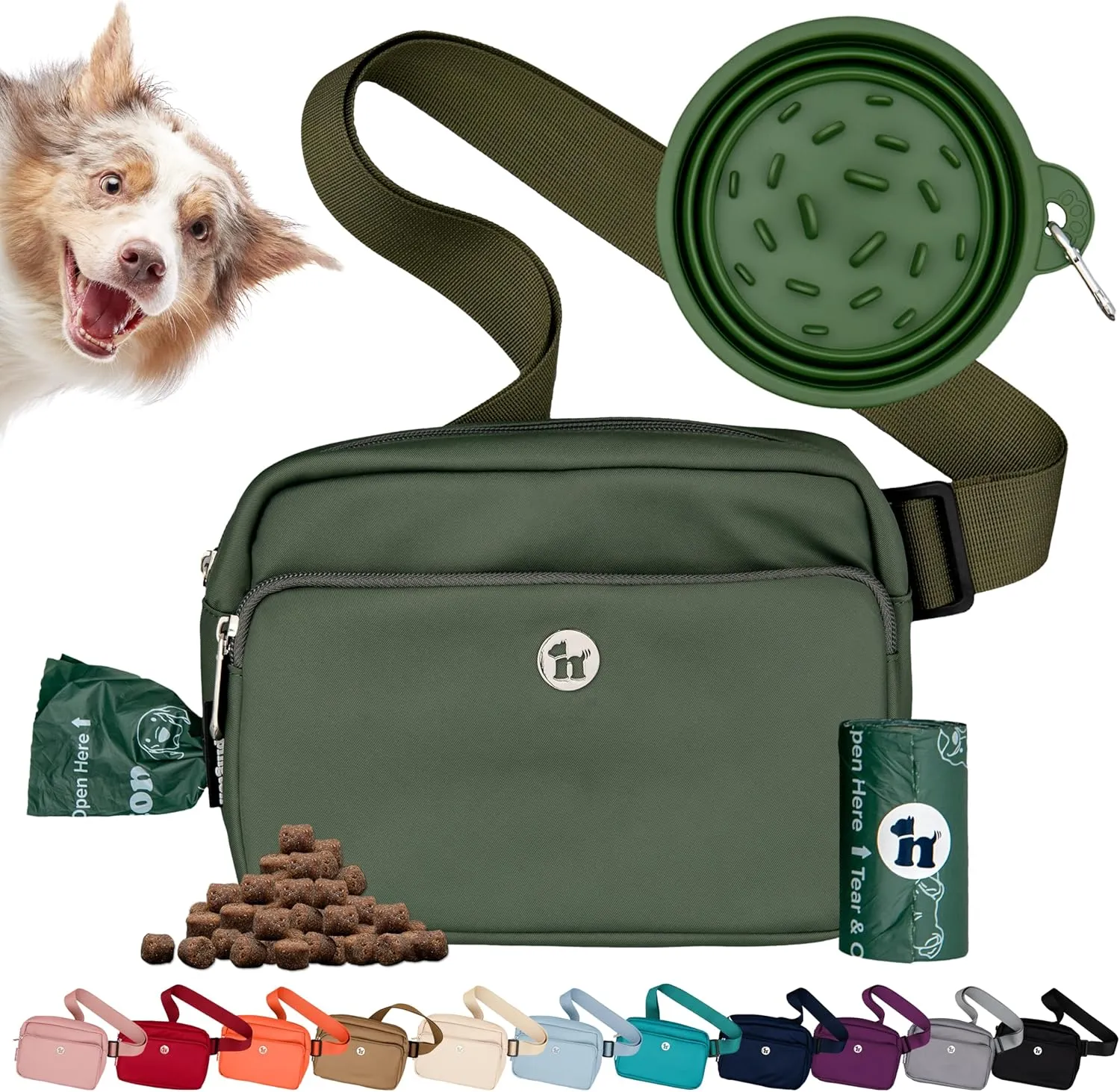 3-in-1 Crossbody Bag & Dog Treat Pouch for Pet Training - Matching Compostable Poop Bags, Built-In Poop Bag Dispenser & Slow-Feeding Travel Dog Bowl - Dog Walking Bag (Basil Green)