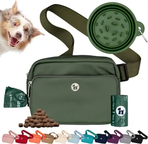 3-in-1 Crossbody Bag & Dog Treat Pouch for Pet Training - Matching Compostable Poop Bags, Built-In Poop Bag Dispenser & Slow-Feeding Travel Dog Bowl - Dog Walking Bag (Basil Green)