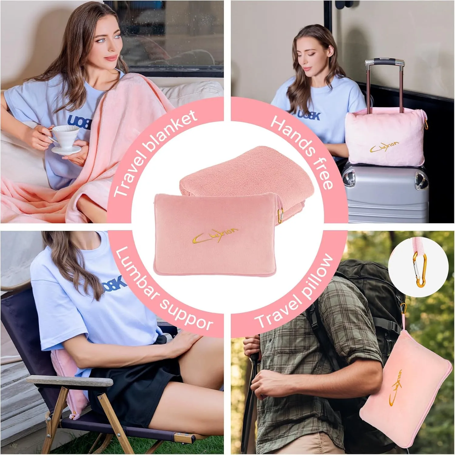 3 in 1 Travel Pillow and Blanket Set, Premium Soft 300 GSM Thick Airplane Blanket Compact with Bag for Long Trips Essentials, Hand Luggage Sleeve and Backpack Clip (Pink)