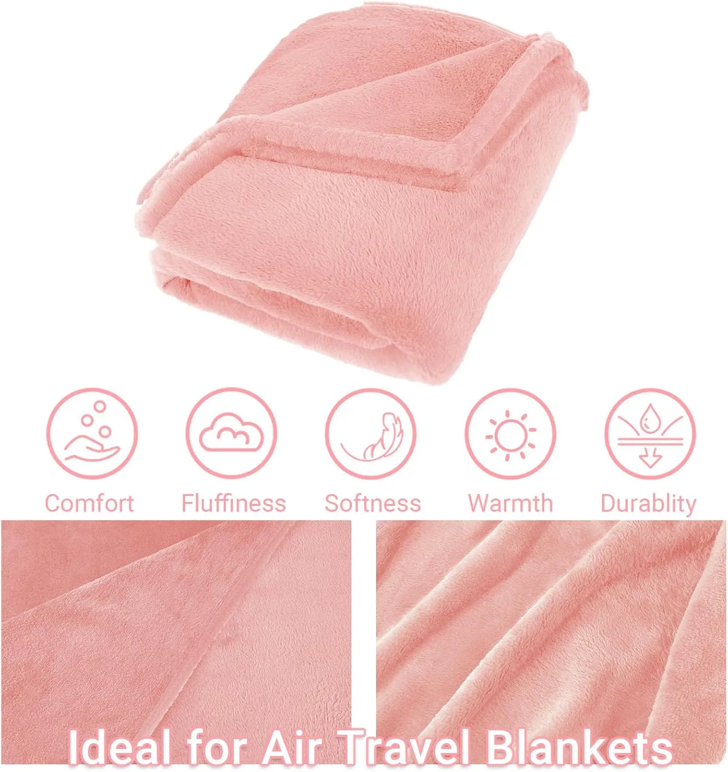 3 in 1 Travel Pillow and Blanket Set, Premium Soft 300 GSM Thick Airplane Blanket Compact with Bag for Long Trips Essentials, Hand Luggage Sleeve and Backpack Clip (Pink)