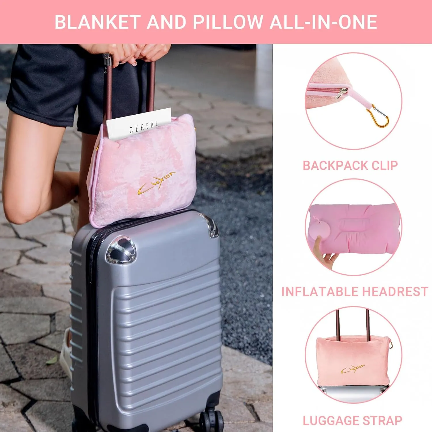3 in 1 Travel Pillow and Blanket Set, Premium Soft 300 GSM Thick Airplane Blanket Compact with Bag for Long Trips Essentials, Hand Luggage Sleeve and Backpack Clip (Pink)