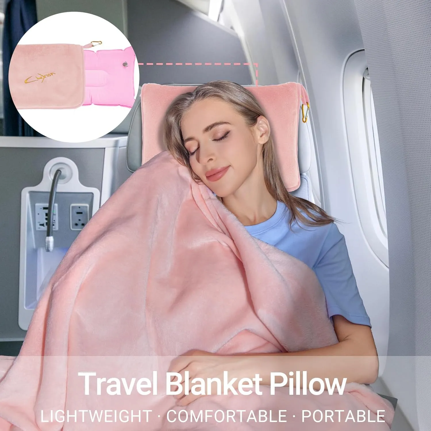 3 in 1 Travel Pillow and Blanket Set, Premium Soft 300 GSM Thick Airplane Blanket Compact with Bag for Long Trips Essentials, Hand Luggage Sleeve and Backpack Clip (Pink)