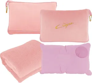 3 in 1 Travel Pillow and Blanket Set, Premium Soft 300 GSM Thick Airplane Blanket Compact with Bag for Long Trips Essentials, Hand Luggage Sleeve and Backpack Clip (Pink)