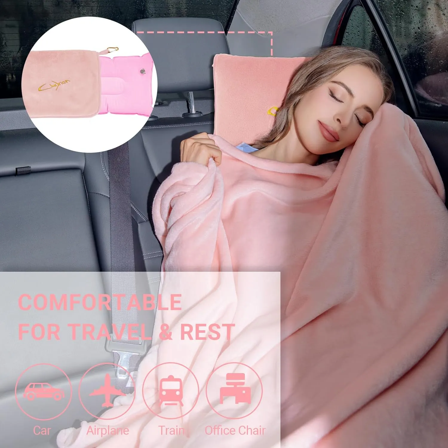 3 in 1 Travel Pillow and Blanket Set, Premium Soft 300 GSM Thick Airplane Blanket Compact with Bag for Long Trips Essentials, Hand Luggage Sleeve and Backpack Clip (Pink)