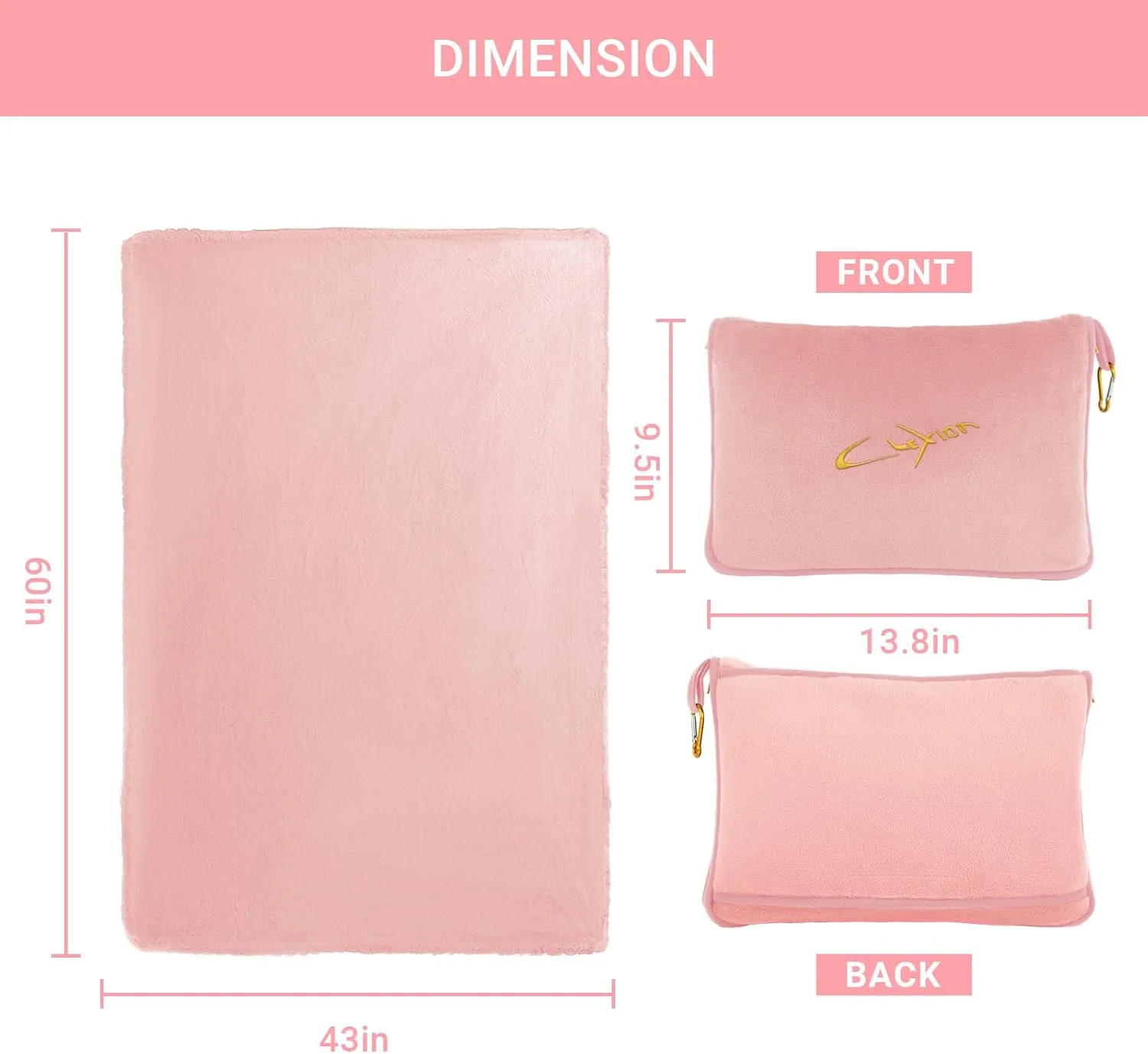 3 in 1 Travel Pillow and Blanket Set, Premium Soft 300 GSM Thick Airplane Blanket Compact with Bag for Long Trips Essentials, Hand Luggage Sleeve and Backpack Clip (Pink)