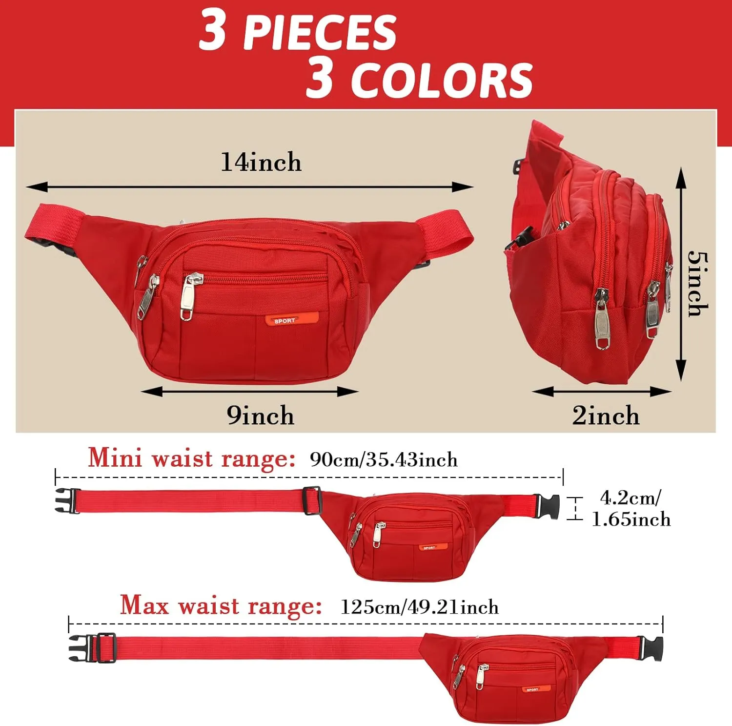 3 Pcs Fanny Packs Crossbody Waist Bags for Women Men Crossbody Waterproof Fanny Pack Belt Bag for Travel Walking Running Hiking Cycling Outdoor Easy Carry Any Phone, Wallet (Black, Red, Gray)
