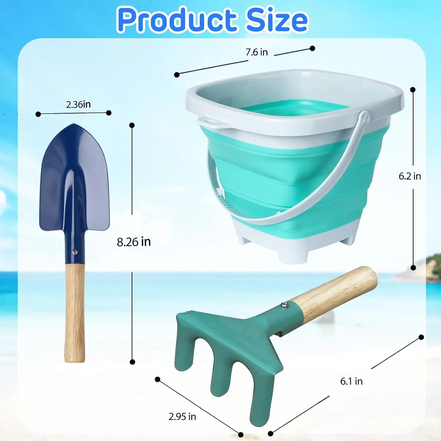 3 Pieces Collapsible Beach Bucket for Kid Toddler,Toddler Outdoor Toys Shovel and Rake Made of Metal for Kids Beach Travel