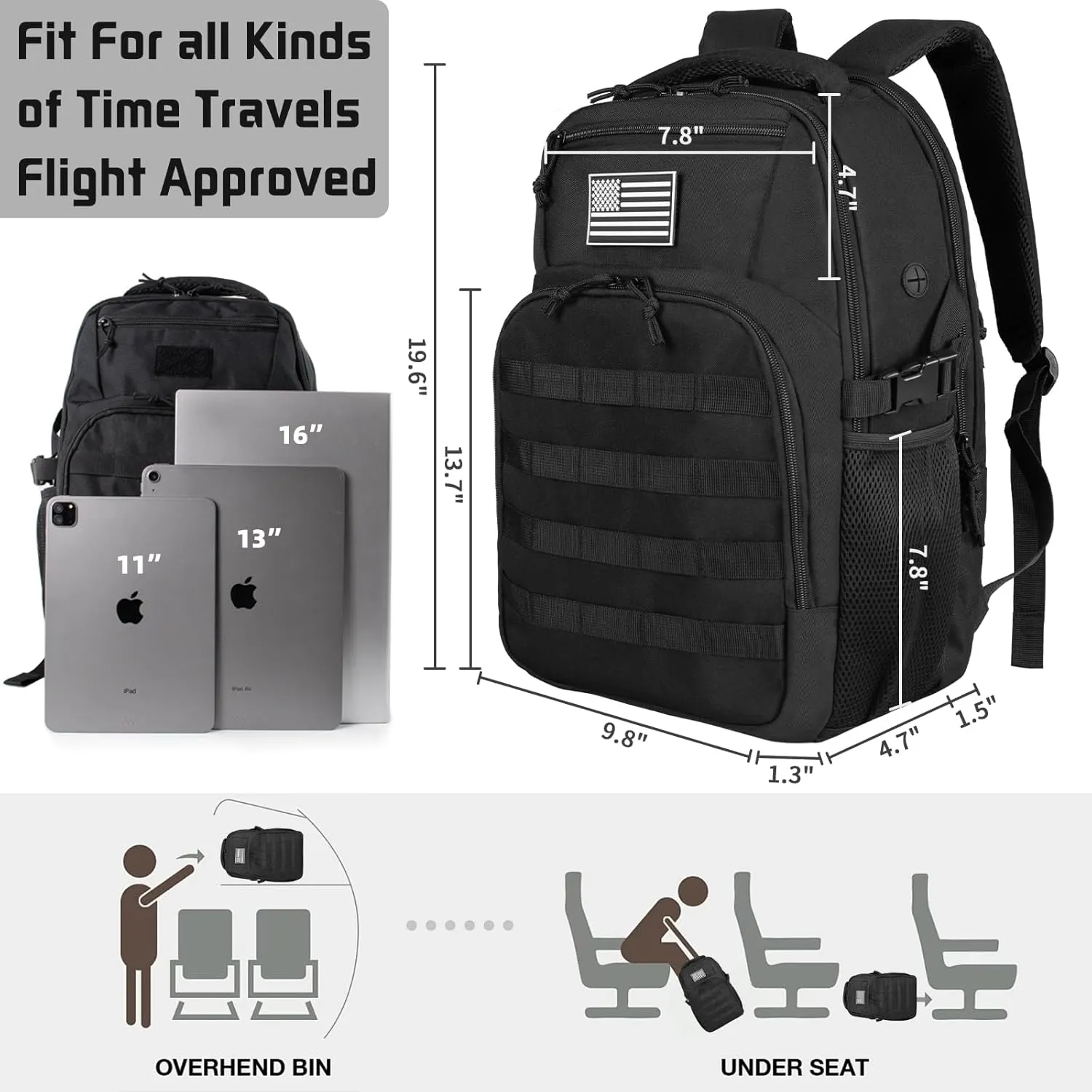 30L Military Tactical Backpack Small Army Molle Assault Bag 3 Day Daypack for Men Hiking Camping Work, Balck Tactical Backpack with Water Pouches
