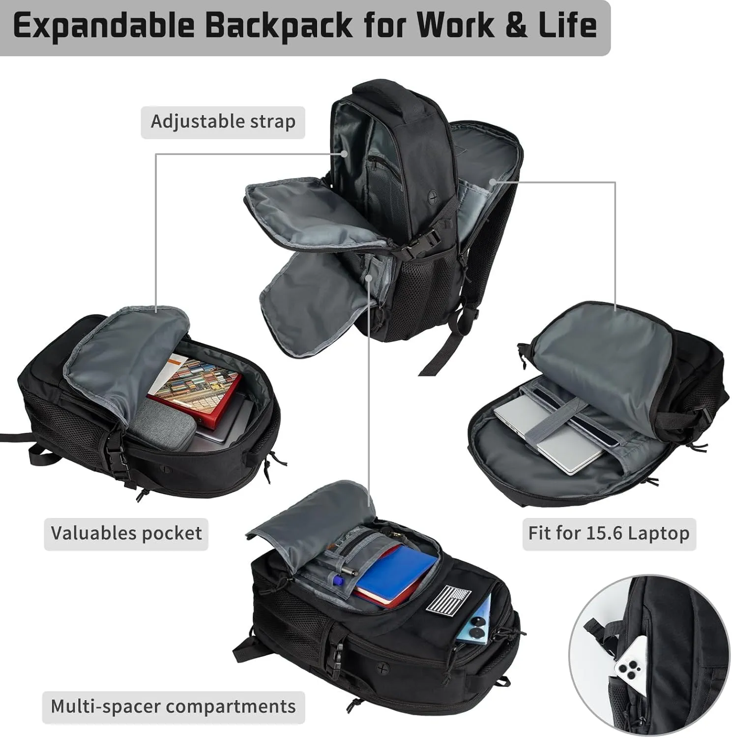 30L Military Tactical Backpack Small Army Molle Assault Bag 3 Day Daypack for Men Hiking Camping Work, Balck Tactical Backpack with Water Pouches