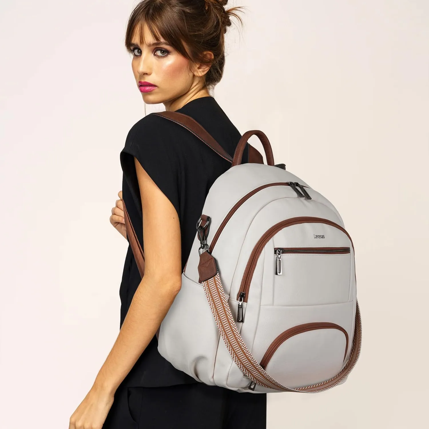 35L Backpack Purse for Women Men Large Travel Backpack for Work College Back Pack Bag Vegan Leather Fashion Beige