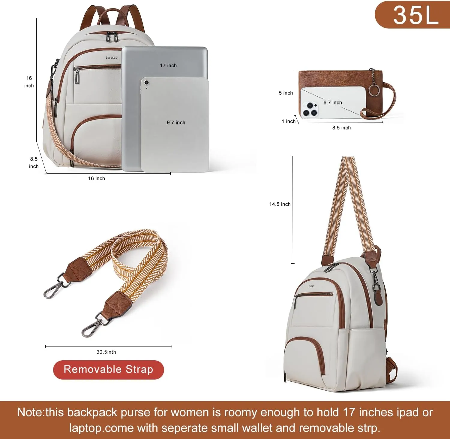 35L Backpack Purse for Women Men Large Travel Backpack for Work College Back Pack Bag Vegan Leather Fashion Beige