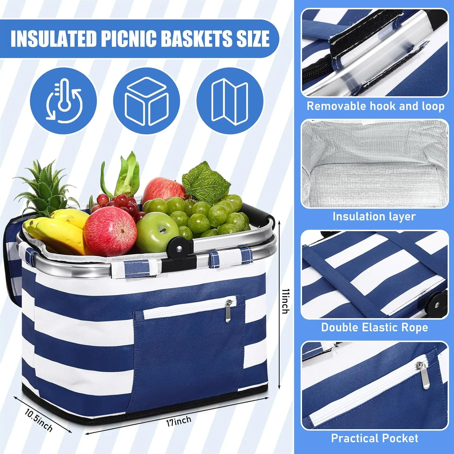 35L Large Insulated Picnic Basket with Blankets Kit Shopping Basket Cooler Bag Leakproof Collapsible Portable Suitable for Picnic Camping Work Hiking Food Delivery Gifts(Blue Stripes)
