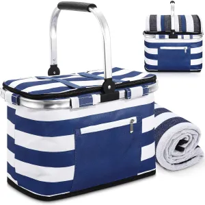 35L Large Insulated Picnic Basket with Blankets Kit Shopping Basket Cooler Bag Leakproof Collapsible Portable Suitable for Picnic Camping Work Hiking Food Delivery Gifts(Blue Stripes)