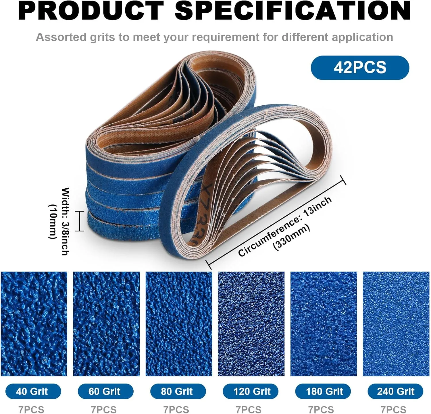 3/8 x 13 Inch Zirconia Sanding Belts, 42 Pcs 7 Each of 40/60/80/120/180/240 Assorted Grits, Sanding Belts for Belt Sander (10 x 330mm)
