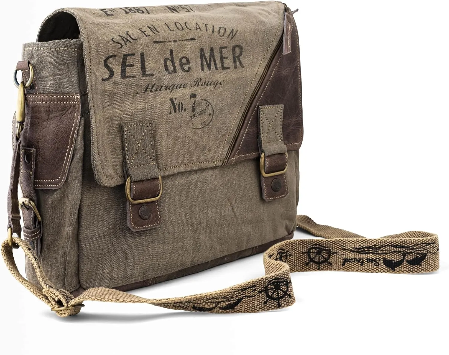 3B-Vintage Print Sel De Mer Upcycled Military Leather Canvas Shoulder Bag Laptop Messenger Bags Medium Crossbody 2 Straps