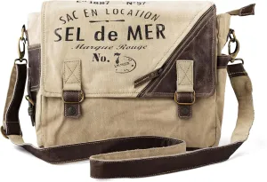 3B-Vintage Print Sel De Mer Upcycled Military Leather Canvas Shoulder Bag Laptop Messenger Bags Medium Crossbody 2 Straps