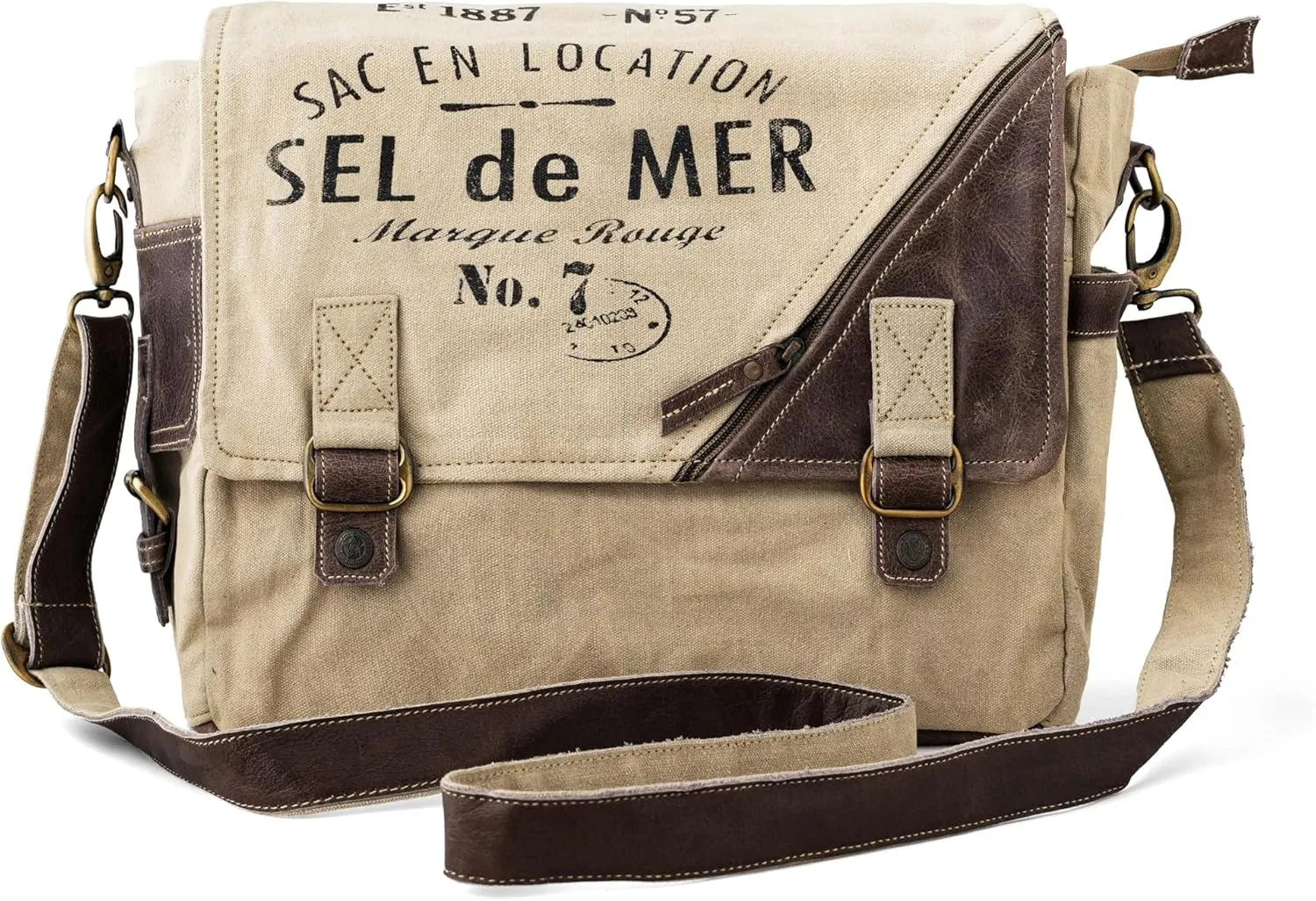 3B-Vintage Print Sel De Mer Upcycled Military Leather Canvas Shoulder Bag Laptop Messenger Bags Medium Crossbody 2 Straps