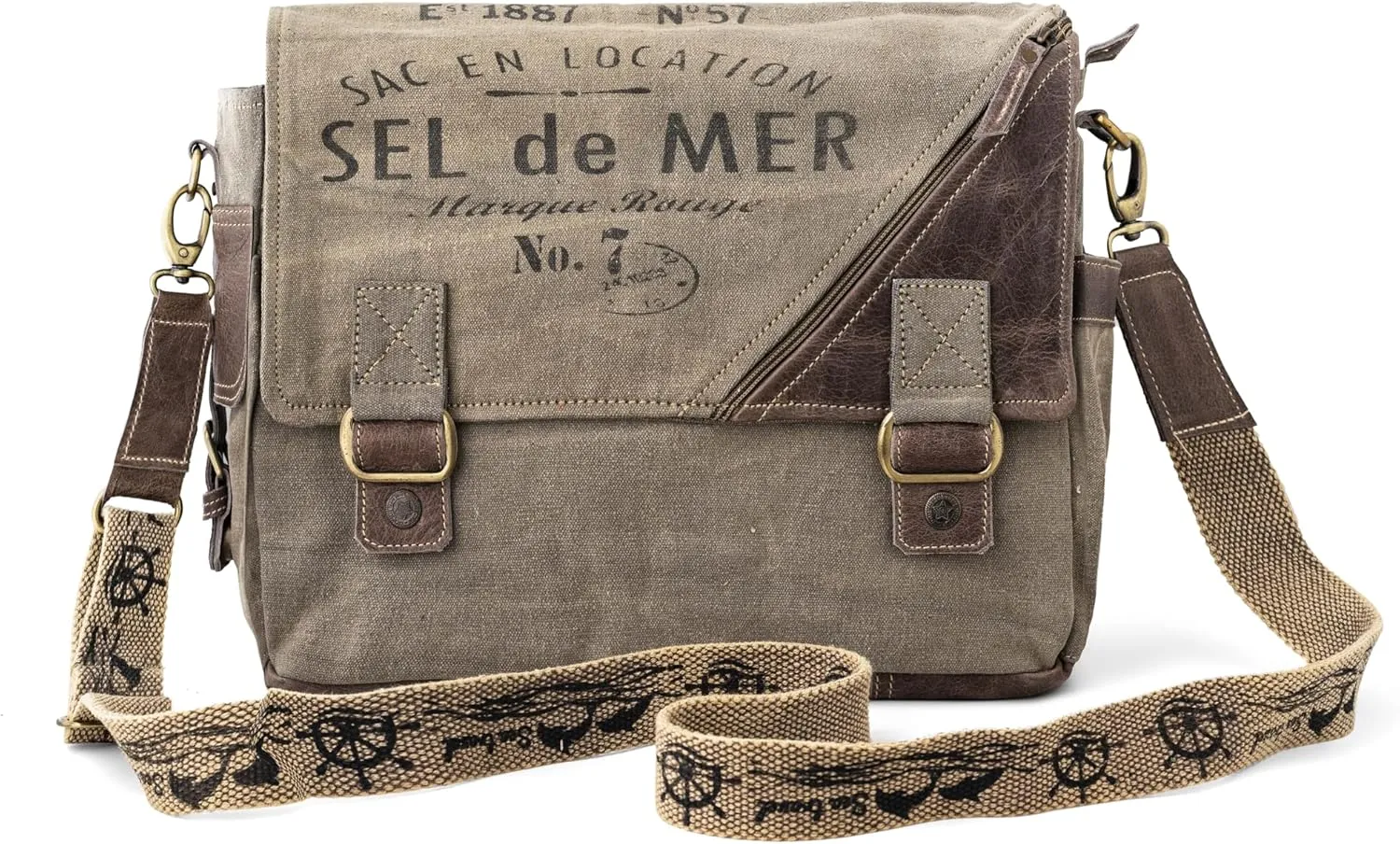 3B-Vintage Print Sel De Mer Upcycled Military Leather Canvas Shoulder Bag Laptop Messenger Bags Medium Crossbody 2 Straps
