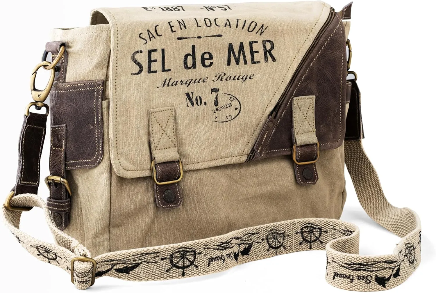 3B-Vintage Print Sel De Mer Upcycled Military Leather Canvas Shoulder Bag Laptop Messenger Bags Medium Crossbody 2 Straps