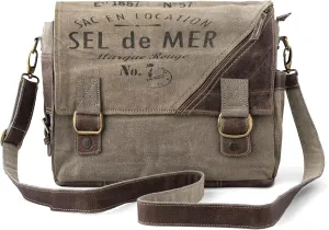 3B-Vintage Print Sel De Mer Upcycled Military Leather Canvas Shoulder Bag Laptop Messenger Bags Medium Crossbody 2 Straps