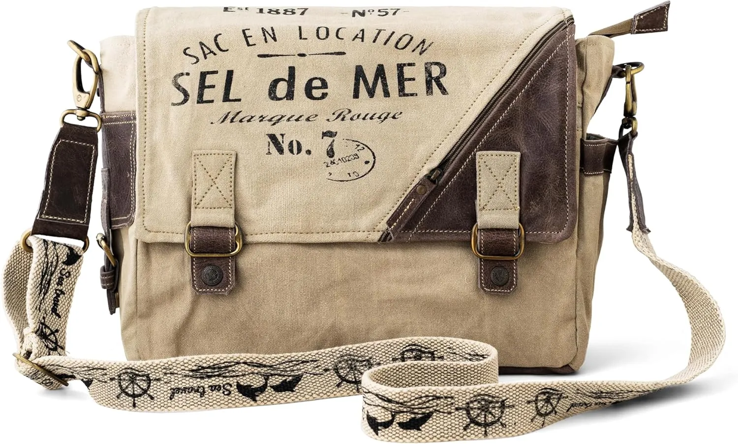 3B-Vintage Print Sel De Mer Upcycled Military Leather Canvas Shoulder Bag Laptop Messenger Bags Medium Crossbody 2 Straps