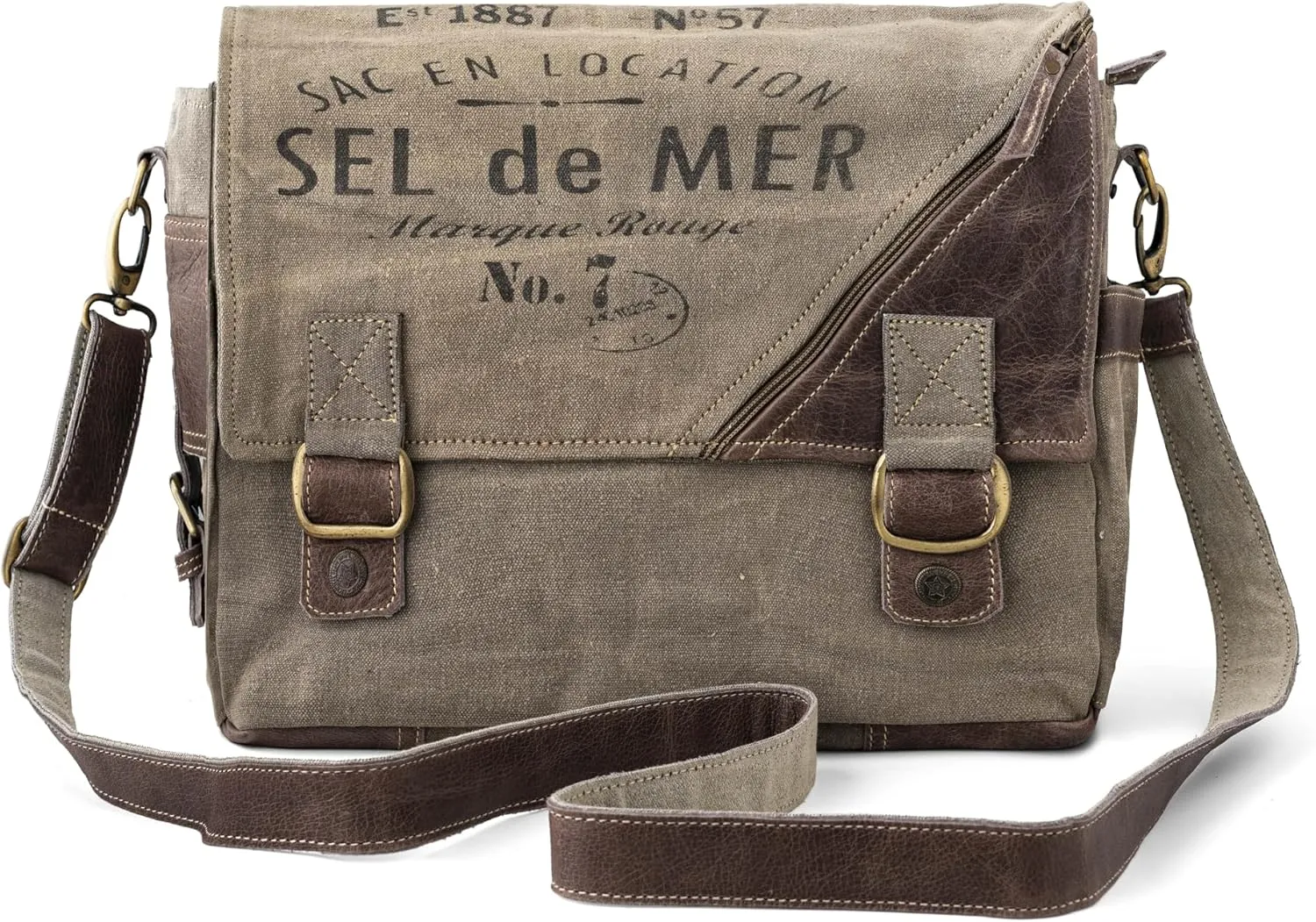 3B-Vintage Print Sel De Mer Upcycled Military Leather Canvas Shoulder Bag Laptop Messenger Bags Medium Crossbody 2 Straps