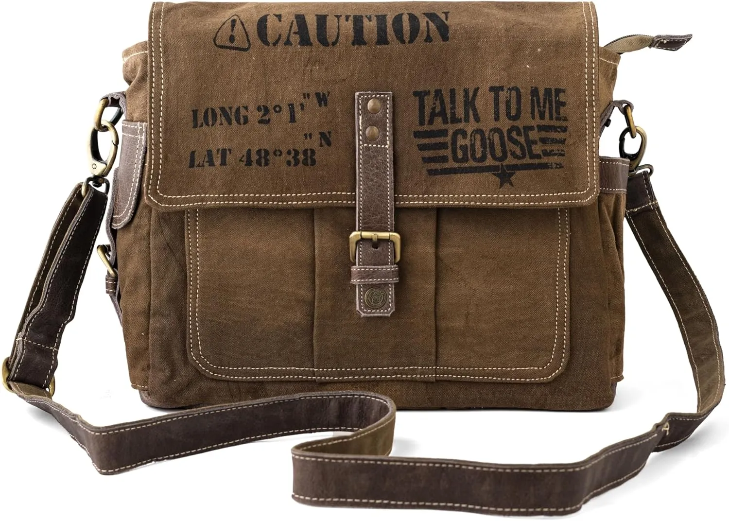 3B-Vintage Print Talk To me goose Upcycled Military Leather Canvas Shoulder Bag Laptop Messenger Bags Crossbody 2 Straps