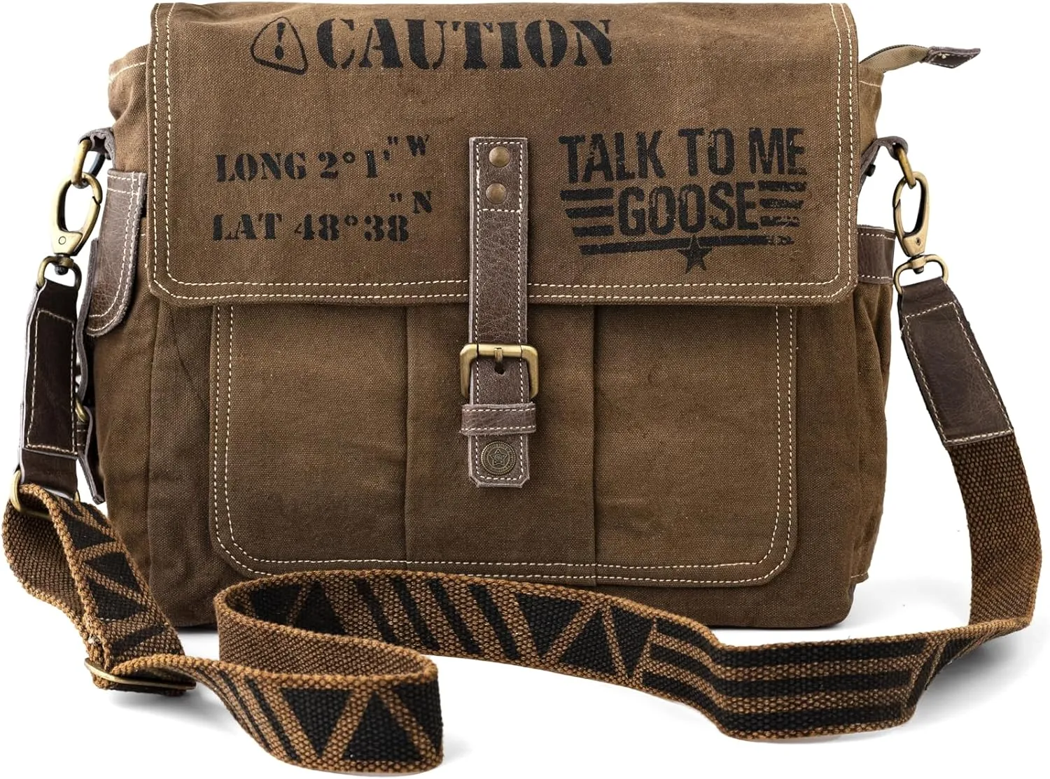 3B-Vintage Print Talk To me goose Upcycled Military Leather Canvas Shoulder Bag Laptop Messenger Bags Crossbody 2 Straps
