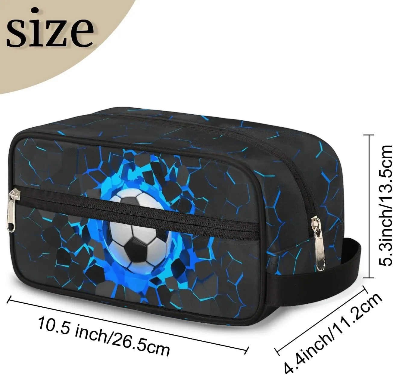 3D Soccer Travel Toiletry Bag for Boys Men, Blue Football Hanging Dopp Kit, Waterproof Shaving Bag for Toiletries Accessories
