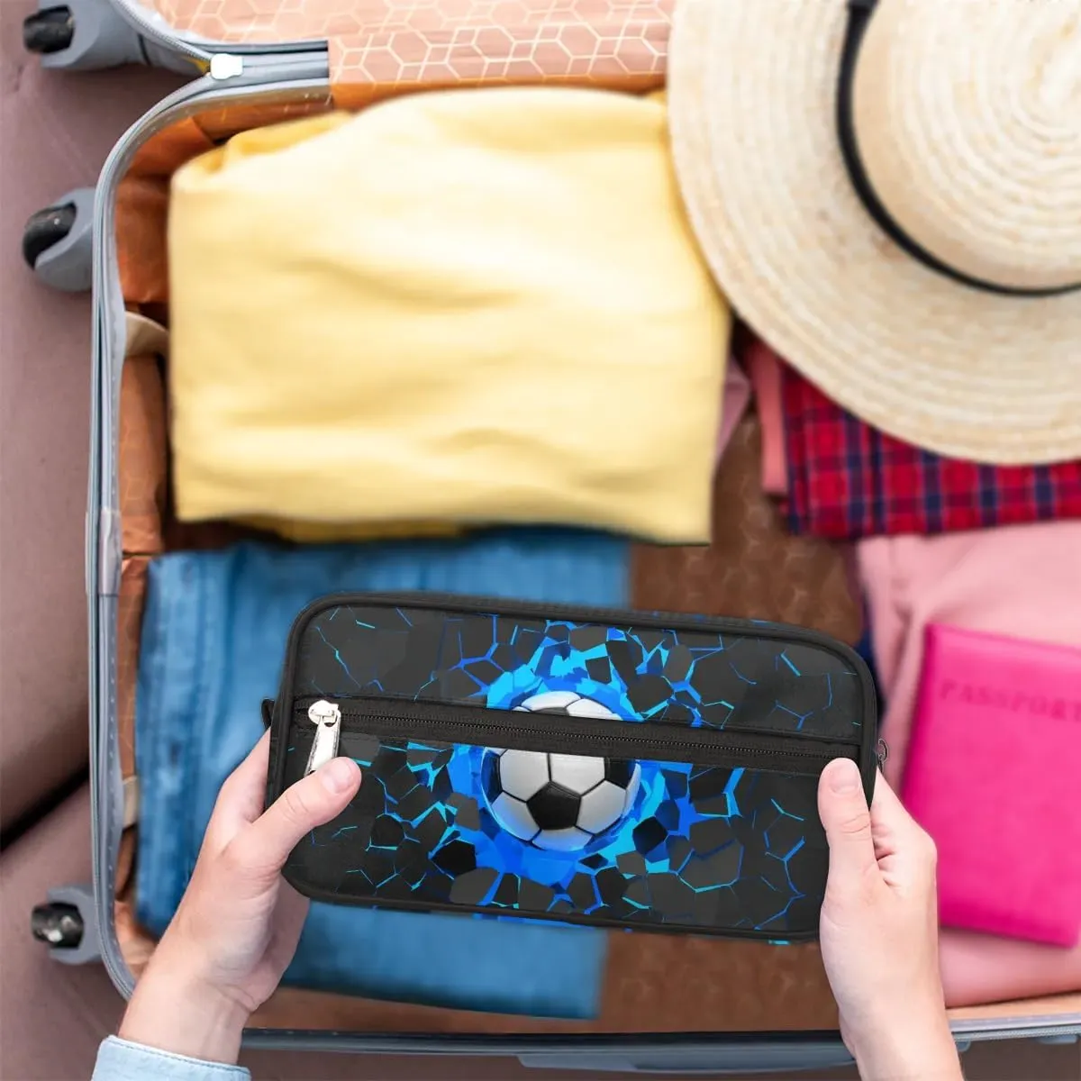3D Soccer Travel Toiletry Bag for Boys Men, Blue Football Hanging Dopp Kit, Waterproof Shaving Bag for Toiletries Accessories