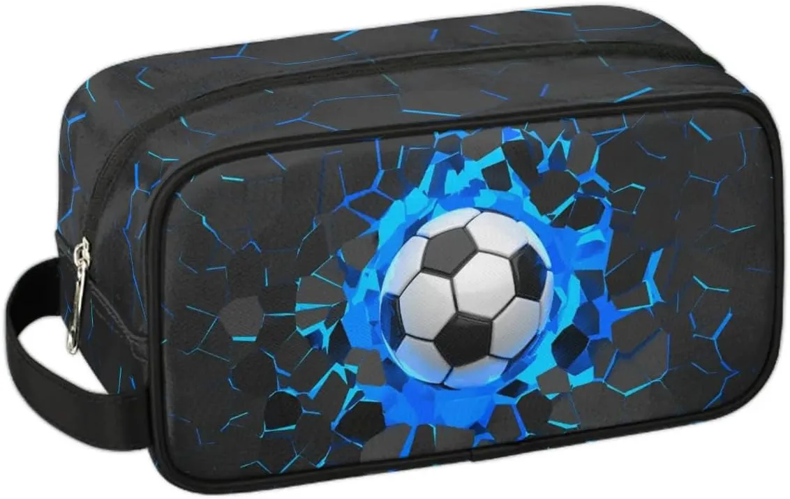 3D Soccer Travel Toiletry Bag for Boys Men, Blue Football Hanging Dopp Kit, Waterproof Shaving Bag for Toiletries Accessories
