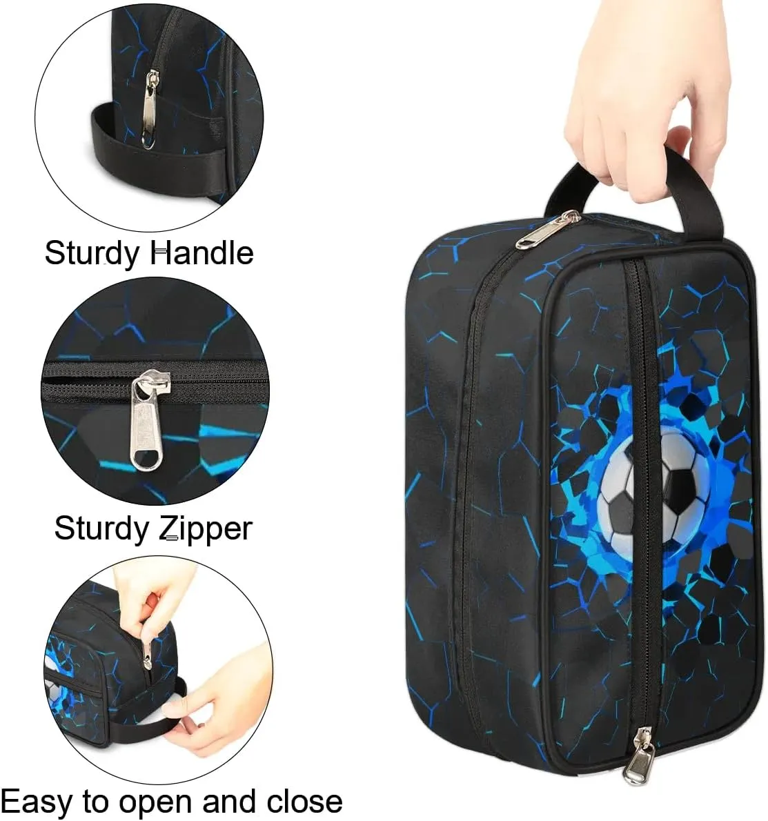 3D Soccer Travel Toiletry Bag for Boys Men, Blue Football Hanging Dopp Kit, Waterproof Shaving Bag for Toiletries Accessories