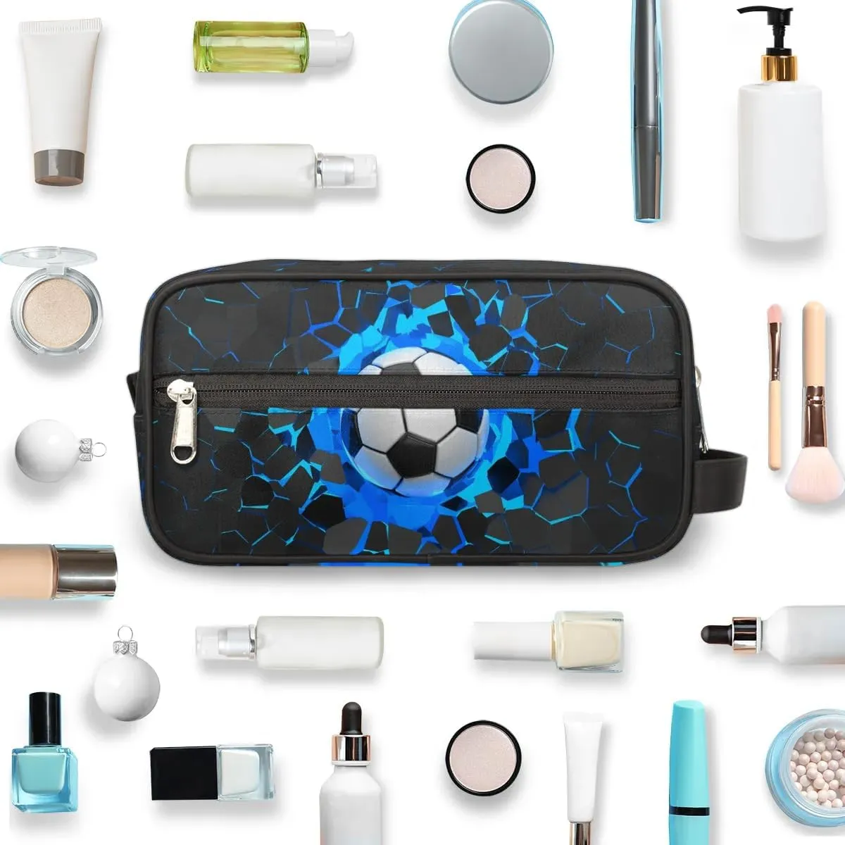 3D Soccer Travel Toiletry Bag for Boys Men, Blue Football Hanging Dopp Kit, Waterproof Shaving Bag for Toiletries Accessories