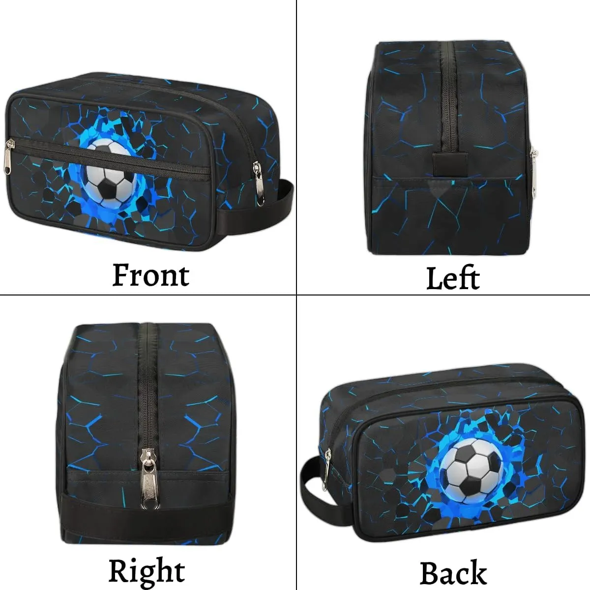 3D Soccer Travel Toiletry Bag for Boys Men, Blue Football Hanging Dopp Kit, Waterproof Shaving Bag for Toiletries Accessories