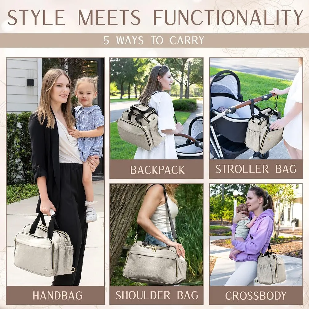 4 in 1 Convertible Diaper Bag Tote for Baby Boys and Girls - Converts into Diaper Backpack, Tote Bag, Stroller Bag and Crossbody Diaper Bag - Beige Baby Travel Bag - Gift for Mom