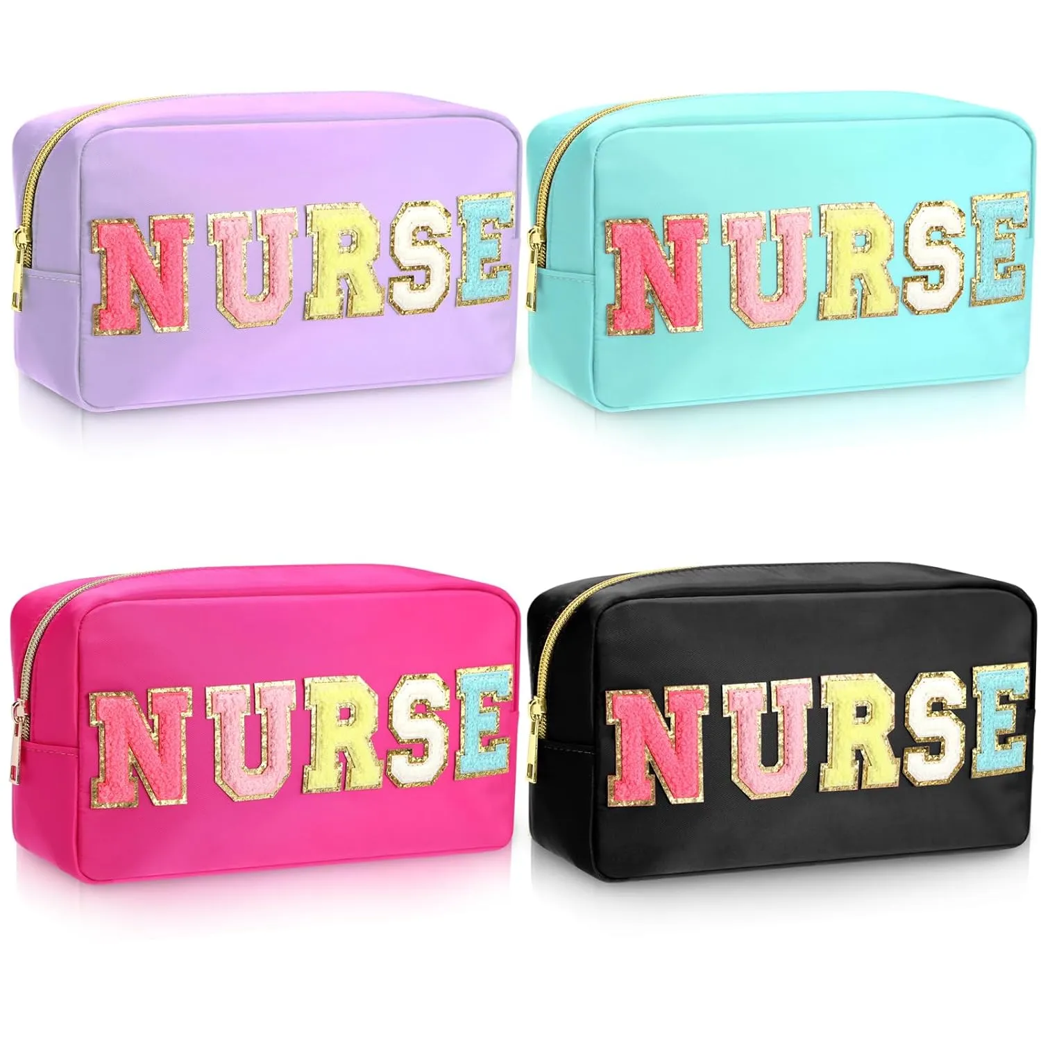 4 Pcs Nurse Makeup Bag Chenille Letter Nylon Cosmetic Bag Makeup Bag Toiletry Cosmetic Case Nurse Bag with Zipper Stuff Bag Cosmetic Pouch Makeup Pouch for CNA IPN RN Nurse Week