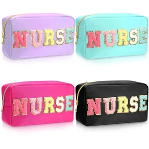 4 Pcs Nurse Makeup Bag Chenille Letter Nylon Cosmetic Bag Makeup Bag Toiletry Cosmetic Case Nurse Bag with Zipper Stuff Bag Cosmetic Pouch Makeup Pouch for CNA IPN RN Nurse Week