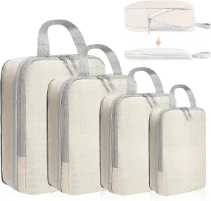 4 Set Compression Packing Cubes for Suitcase - Space-Saving Luggage Organizer Bags, Lightweight Travel Essentials for Efficient Packing (Beige)