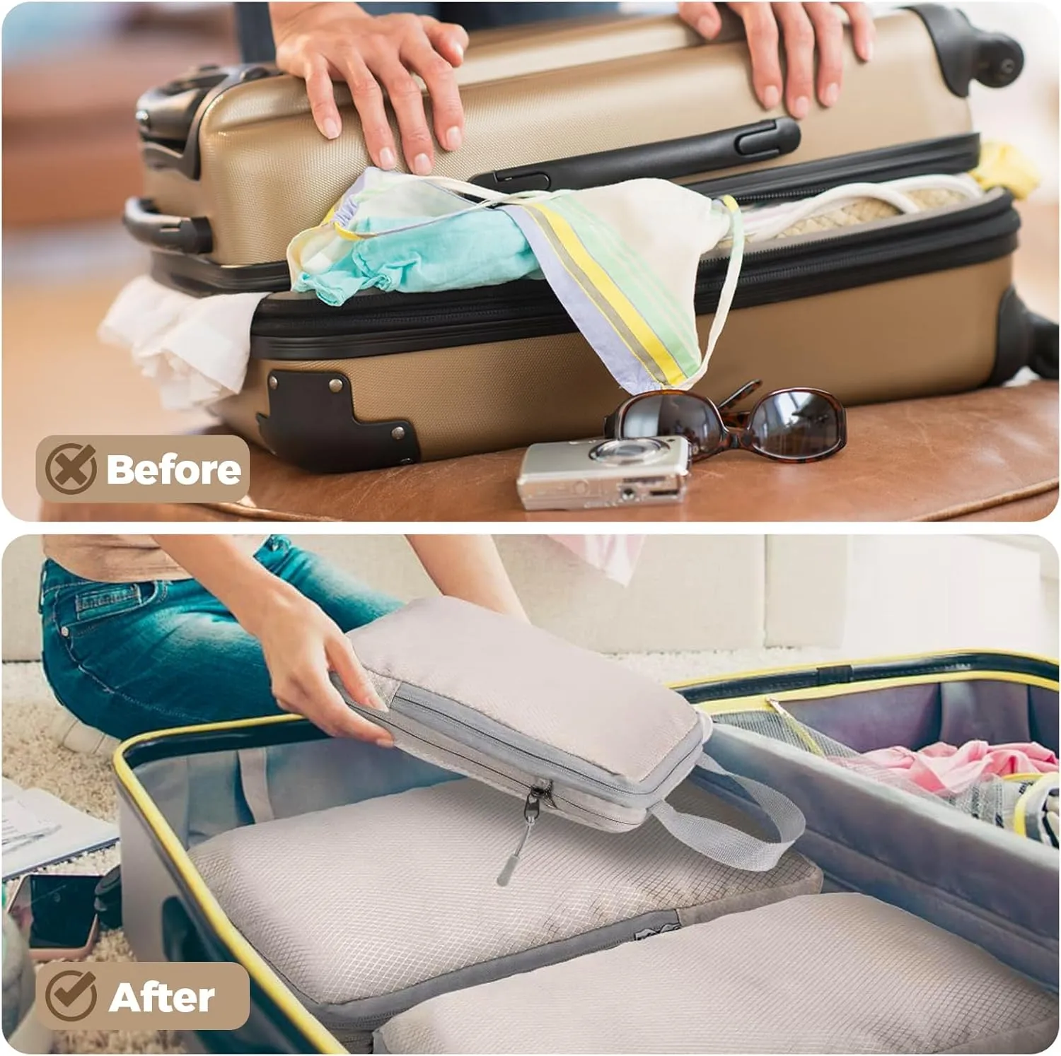 4 Set Compression Packing Cubes for Suitcase - Space-Saving Luggage Organizer Bags, Lightweight Travel Essentials for Efficient Packing (Beige)