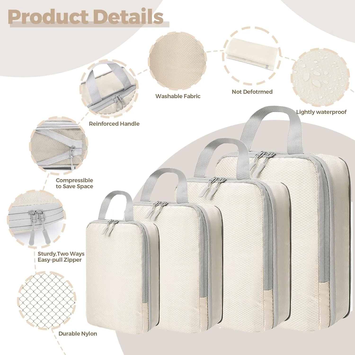 4 Set Compression Packing Cubes for Suitcase - Space-Saving Luggage Organizer Bags, Lightweight Travel Essentials for Efficient Packing (Beige)