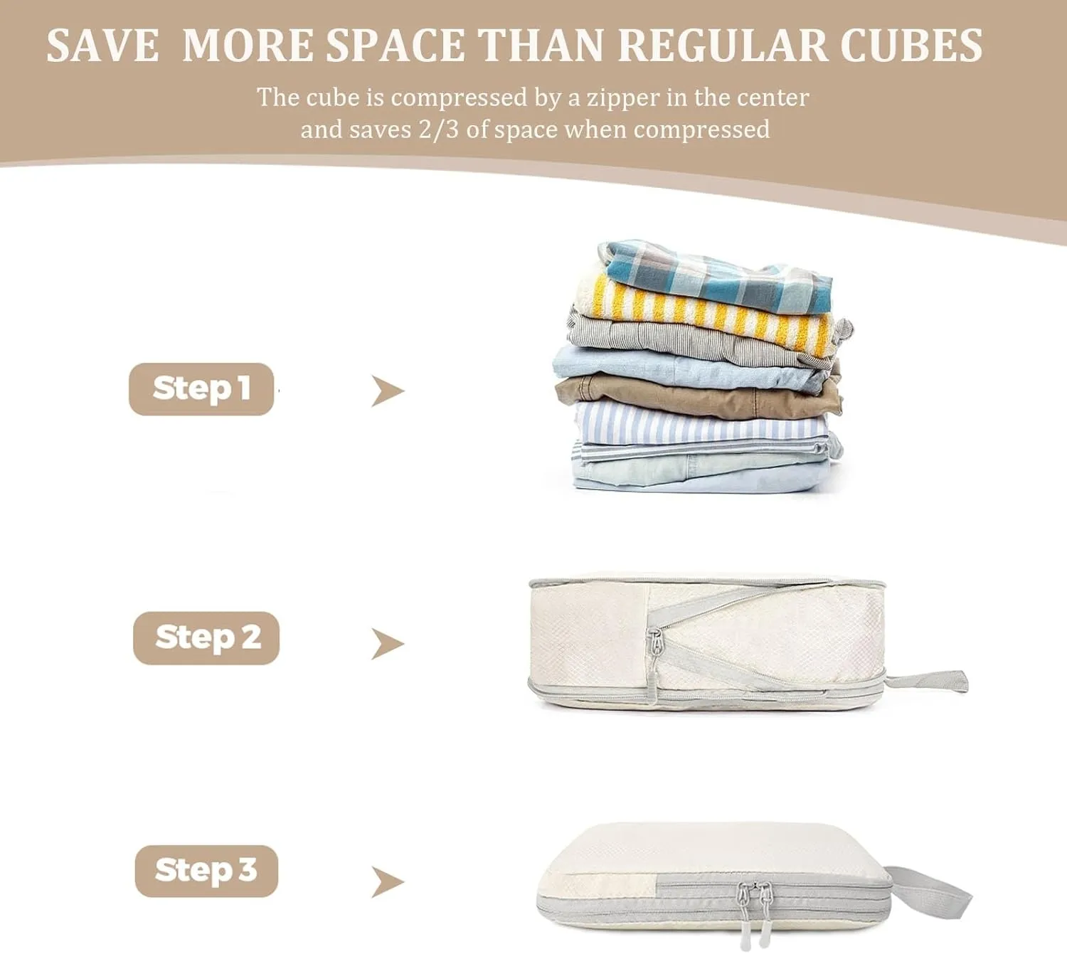 4 Set Compression Packing Cubes for Suitcase - Space-Saving Luggage Organizer Bags, Lightweight Travel Essentials for Efficient Packing (Beige)