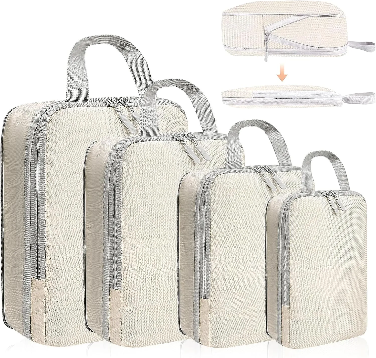 4 Set Compression Packing Cubes for Suitcase - Space-Saving Luggage Organizer Bags, Lightweight Travel Essentials for Efficient Packing (Beige)