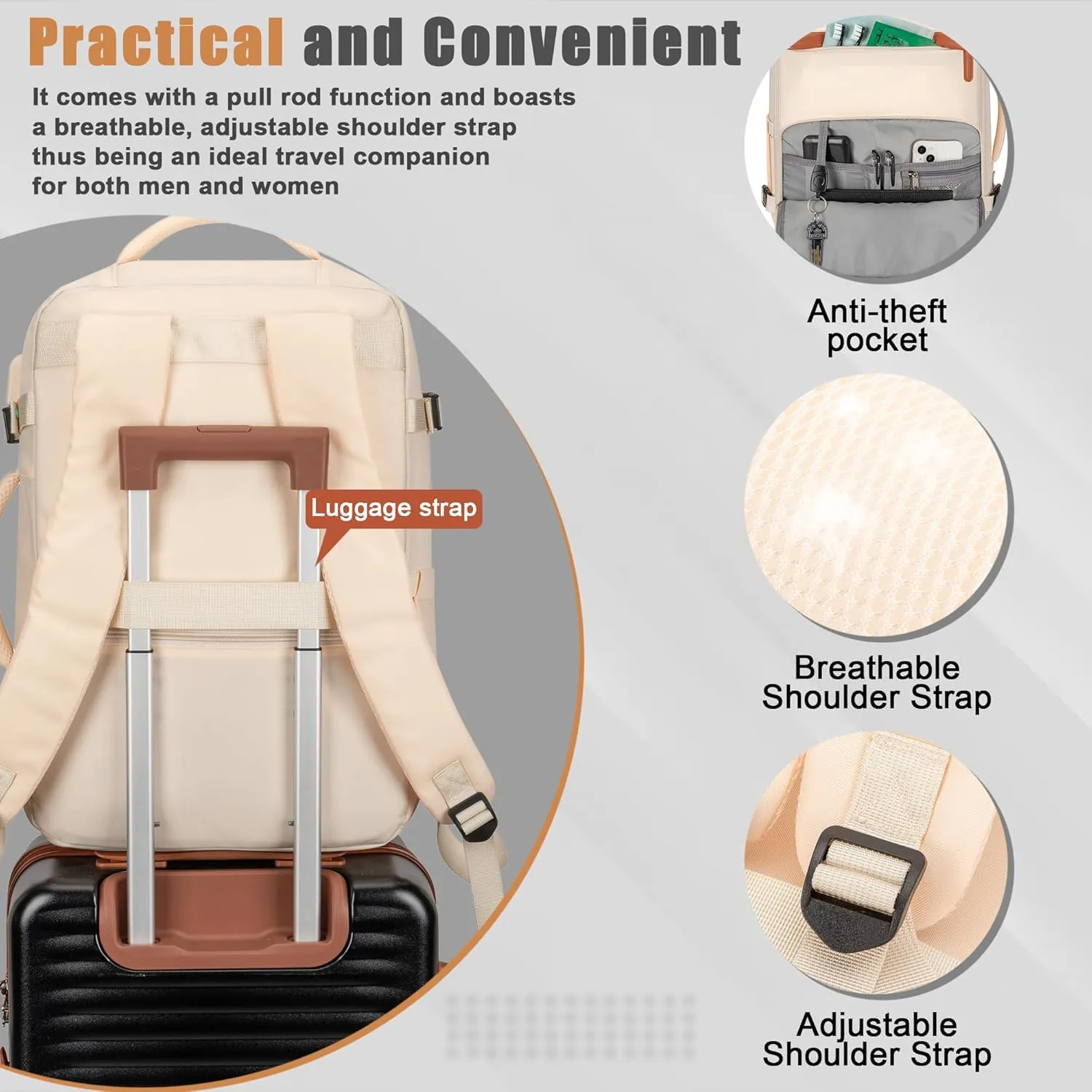 40L Travel Backpack with USB Charging Port, Water-Resistant Carry On Backpack for Men Women, Business Laptop Backpack for Men & Women, Trips & Commutes, Fits 15.6/17.3 Inch Laptop (Beige)