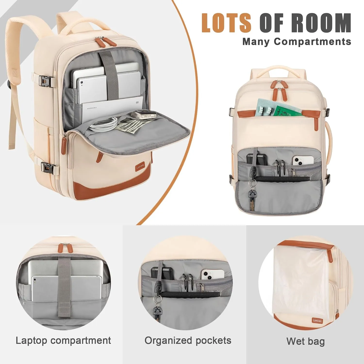 40L Travel Backpack with USB Charging Port, Water-Resistant Carry On Backpack for Men Women, Business Laptop Backpack for Men & Women, Trips & Commutes, Fits 15.6/17.3 Inch Laptop (Beige)